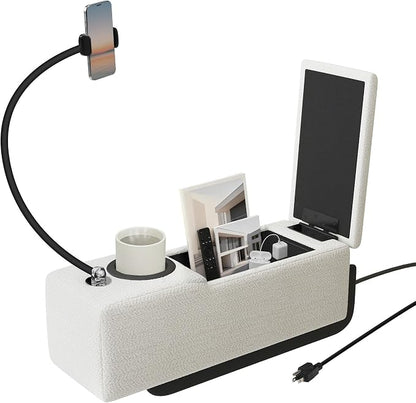 Couch Caddy with Cup Holder Multifunctional Couch Armrest Charging Console Phone Holder Sofa Arm Rest 20.3'' Removable White Chenille Sofa Organizer Remote Snack Storage for Livingroom Couches