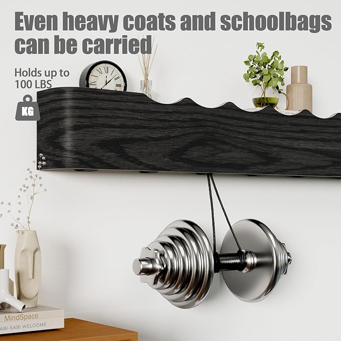 Coat Rack Wall Mount with Shelf 8 Hidden Hooks Modern Wooden Key Holder Entryway Organizer for Hallway Bedroom Bathroom Home Decor Storage for Hanging Coats Hats Bags Towels, Wave-Shape Black
