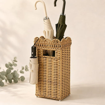AceList Woven Umbrella Holder for Entryway, Rattan Umbrella Stand for Indoor Foyer with Removable Drip Tray, Scalloped Cane Holder Basket for Walking Sticks & Front Door, Farmhouse Decor, 16.5" Tall