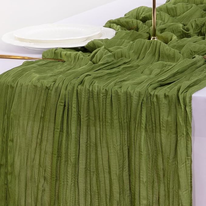 Socomi Olive Green Valentine's Day Cheesecloth Table Runner Boho Rustic Gauze 120 inch 10FT Cheese Cloth Runner for Wedding Party Baby Shower Birthday Home Decor Holiday Decorations