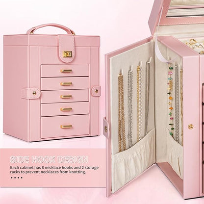 AKOZLIN Large Jewelry Box Organizer Functional with Big Mirror, Leather Jewelry Storage Case for Women Girls Ring Necklace Earring Bracelet Holder Organizer