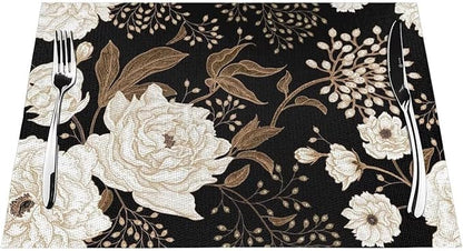 Placemats Set of 4 Vintage Peony Place Mats Beige Floral Leave Rustic Black Woven Table Mats Washable Beige Flower PVC Placemat for Dining Kitchen Decor Indoor Outdoor, 12 x 18 Inch