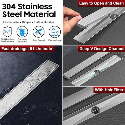 DLONE Linear Shower Drain | 28" AISI 304 Stainless Steel Linear Drain, Brushed Nickel Shower Drain with Tile Insert Panel & Adjustable Feet, Long Rectangle Shower Floor Drain in Bathroom, Balcony etc
