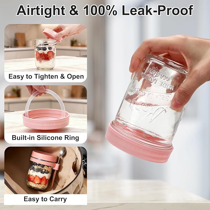 4-Pack Overnight Oats Containers with Lids and Spoons, 16 oz Glass Mason Jars with Airtight Lids and 2.7 oz Condiment Containers for Overnight Oats, Chia Seed Pudding, Yogurt, Snacks, Cereal, Fruit