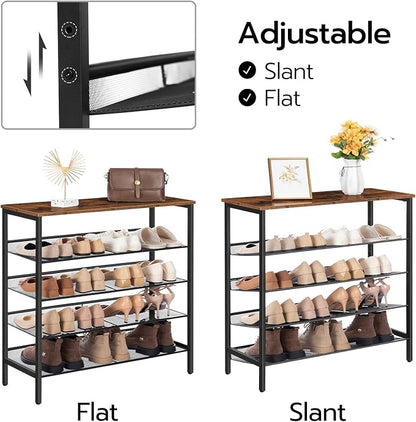 HOOBRO Shoe Rack, 5-Tier Shoe Storage Unit Flat & Slant Adjustable Shoe Organizer Shelf for 16 Pairs, Durable and Stable, for Entryway, Hallway, Closet, Dorm Room, Industrial, Rustic Brown BF01XJ01