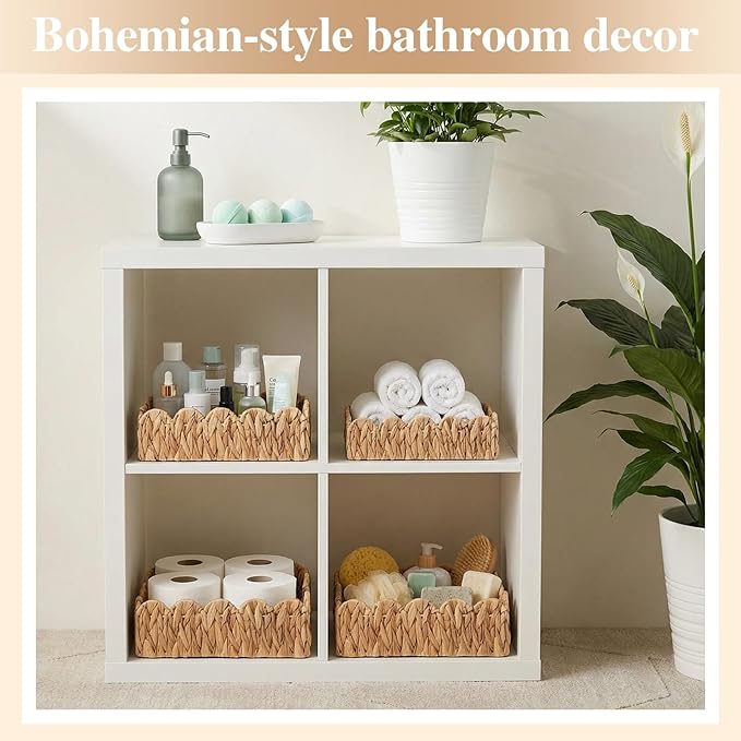 3 Pack Water Hyacinth Toilet Paper Basket for Organizing Scalloped Edge Wicker Basket with Handles Toilet Tank Paper Holder Storage for Bathroom Bedroom Countertop Shelf Decor(Natural Color)