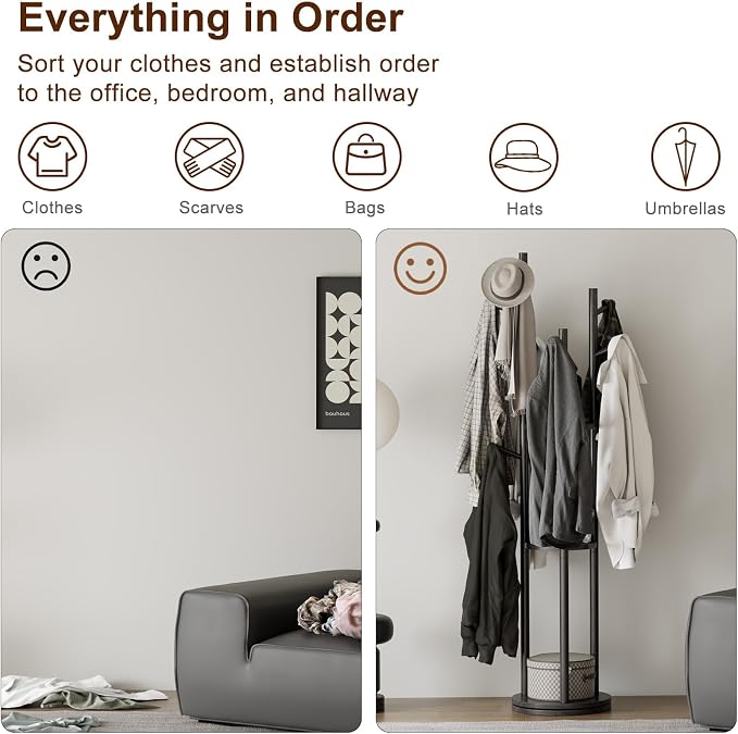 Muwuele Solid Wood Rotary Coat Rack, Freestanding Coat Rack with 3 Shelves and 9 Hooks, Coat tree for Bedroom, Entryway, Livingroom, Coat Hanger Stand for Coats, Scarves, Handbags (Black)