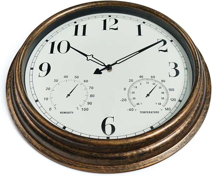 Rsobl 16 Inch Large Indoor Outdoor Wall Clock,Waterproof Non-Ticking Clock with Thermometer and Hygrometer Combo,Battery Operated Clock Wall Decorative-Bronze