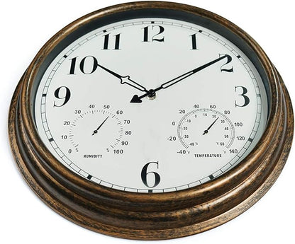 Rsobl 16 Inch Large Indoor Outdoor Wall Clock,Waterproof Non-Ticking Clock with Thermometer and Hygrometer Combo,Battery Operated Clock Wall Decorative-Bronze