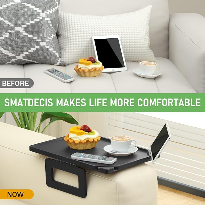 Smatdecis Couch Arm Tray Table Sofa Arm Clip, Armrest Tray Table Suitable for Home Drinks/Fast Food/Fruit Etc, Large Size Multi-Function Black(Dual Phone/Tablet Holder)