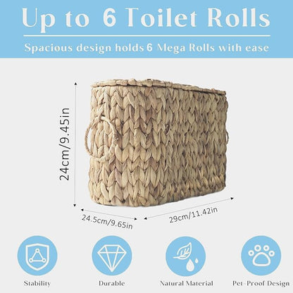 Toilet Paper Storage Basket,Water Hyacinth Wicker Basket with Lid and Handles for Bathroom Organizer and Storage,Toilet Paper Holder Stand with Storage,Papers Container for up to 6 Mega Rolls