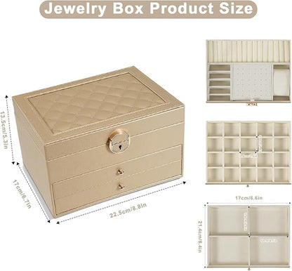 GUOER Jewelry Box for Women Girl Wife 3 Layers Large PU Leather Jewelry Organizer Storage Case with Two drawers Display for Earrings Bracelets Rings Watches (Champagne)
