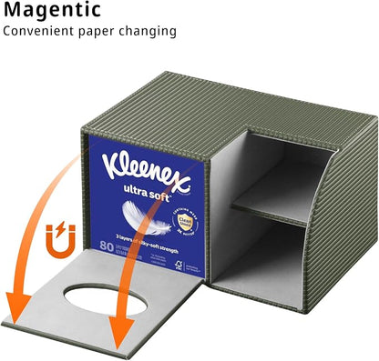 PU Leather Square Tissue Box Cover - Multi-Functional Tissue Box Holder, Tissue Box Cover with Storage,Tissue and Remote Control Holder, Cube Tissue Box Organizer Bedroom Nightstand End Table
