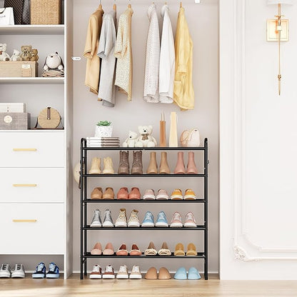 5 Tier Shoe Rack 33" Wide Metal Shoe Organizer Long Shoe Storage with 4 Side Hooks Sturdy Shoes Shelf for Closet, Front Door Entrance, Garage, Dorm, Black