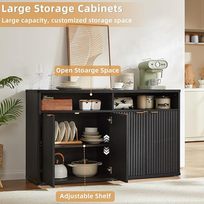 LEYAOYAO Fluted Buffet Cabinet with Storage, 55" Wide Wood Sideboard Credenza with 4 Doors & Open Storage Shelf, Modern Kitchen Console Accent Cabinets, Coffee Bar Table for Dining Room, Black Oak