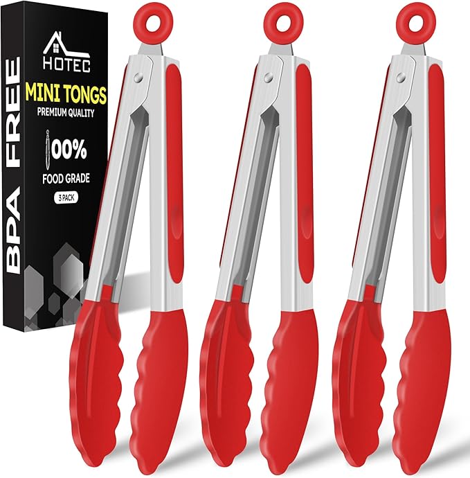 Hotec Mini Silicone Kitchen Tongs for Cooking - 7-Inch Small Serving Tongs with Silicone Tips, Set of 3 (Red)