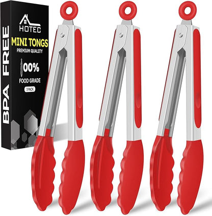 Hotec Mini Silicone Kitchen Tongs for Cooking - 7-Inch Small Serving Tongs with Silicone Tips, Set of 3 (Red)