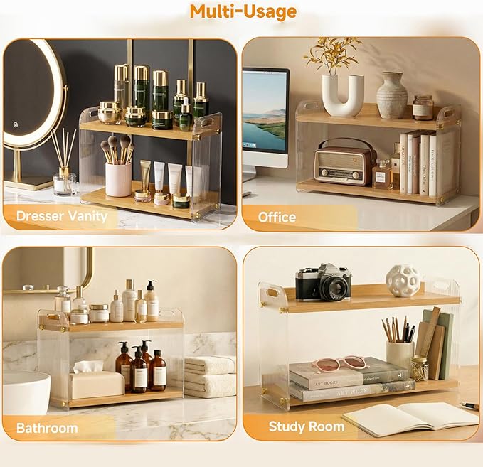 2 Tier Coffee Station Organizer - Acrylic & Pine Wood coffee bar shelf, Easy-to-Clean matcha station for Kitchen Countertops, for Placing Mugs, Coffee Beans, Syrup, Cups etc.(15.75" x6.18" x 9.37")