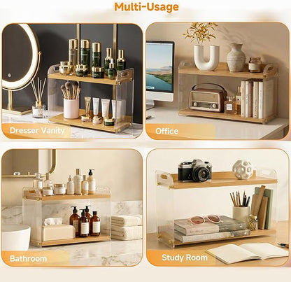 2 Tier Coffee Station Organizer - Acrylic & Pine Wood coffee bar shelf, Easy-to-Clean matcha station for Kitchen Countertops, for Placing Mugs, Coffee Beans, Syrup, Cups etc.(15.75" x6.18" x 9.37")
