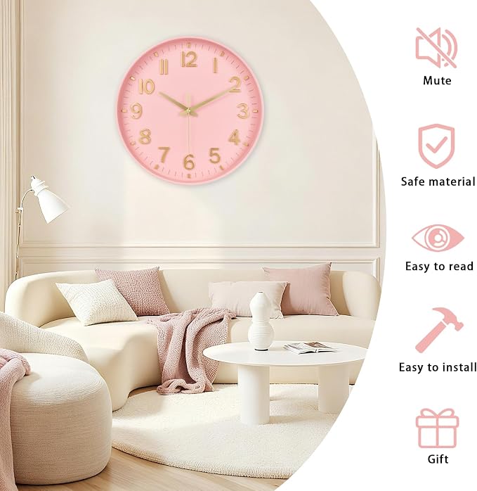 HZDHCLH Wall Clocks Battery Operated,Wall Clock Pink Gold 8 inch Wall Clock Silent Non Ticking Modern 3D Numbers for Office Kitchen Classroom Bedroom Living Room Decor