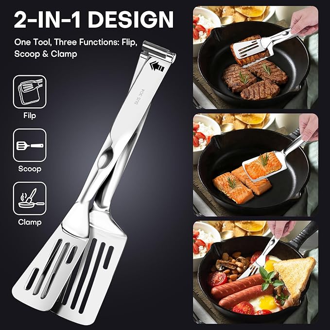 2-in-1 Spatula Tongs, 11.8 Inch 304 Stainless Steel Kitchen Tongs for 12 Inch Cooking Use, Detachable Metal Tongs with Oil Drain Holes for Grilling Frying Steak