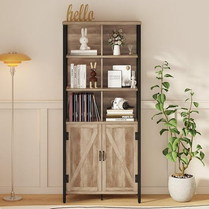 FATORRI Rustic Tall Bookshelf with Doors, Industrial Farmhouse Bookcase with Storage, 6 Cube Storage Organizer Book Shelf for Living Room, Home Office (Rustic Oak, 67 Inch)