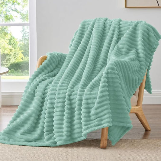 BEDELITE Twin Blanket for Couch & Bed, 300GSM Soft & Warm Fleece Blanket, Decorative and Giftable Striped Mint Blue Blankets for Women, Men, 60"x80"