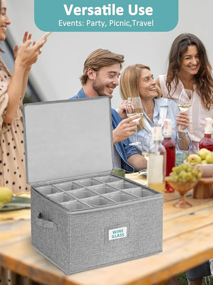 Cirhy Wine Glass Storage Box Hard Shell, 10'' Tall Stemware Storage Containers for Moving, Holds 24 Crystal Glasses & Flutes, Stackable Glassware Chest with Dividers, Grey (2-Pack)