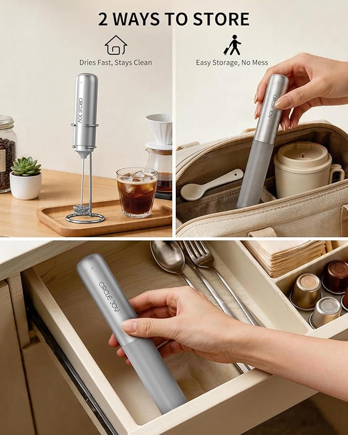 CIRCLE JOY Rechargeable Milk Frother Handheld with Stand,Dual Spring Whisk Electric Coffee Frother Wand, Portable Hand Frother Drink Mixer for Matcha Lattes Cappuccino, Coffee Lover Gift, Silver