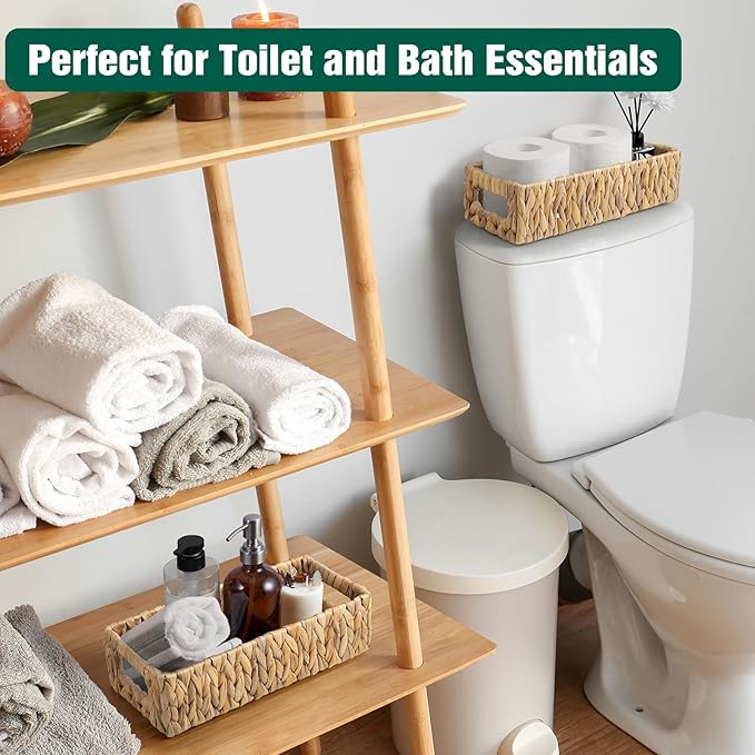 dreamkey Nesting Wicker Storage Baskets for Organizing with Handles - Small HandWoven Water Hyacinth Toilet Paper Basket for Back of Toilet Tank Top - Storage Baskets for Coutertop Organizer, 2 Pack