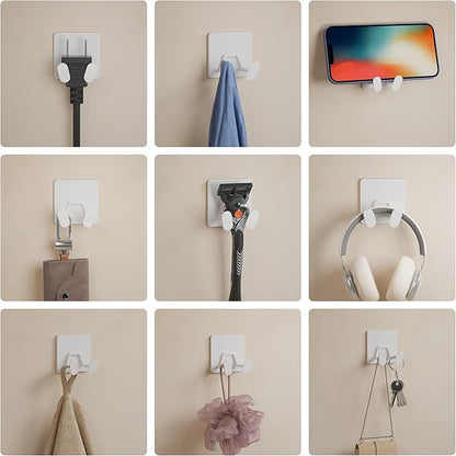 susswiff Adhesive Shower Hooks for Inside - Extra Sticky Stainless, Razor Holder Shower Accessories, Wall Mounted Self-Adhesive Double Hooks for Razor, Loofah, Towel, Shaver, Coat, Key, White, 4 Pack