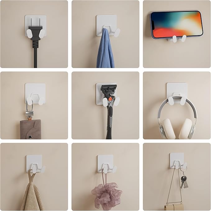 susswiff Adhesive Shower Hooks for Bathroom - Extra Sticky Stainless, Wall Hooks for Hanging Towel, Razor, Loofah, Robe, Coat, Heavy Duty Hanger for Kitchen, Bedroom, Door, Metal, Matt White, 6 Pack