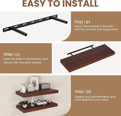 Fun Memories Rustic Floating Shelves for Home Decor, 8 Inch Deep Floating Shelf, Solid Wood Floating Wall Shelves 30 Inch Long, Deep Wall Shelves for Bathroom, Living Room, Walnut Finsh, Set of 2