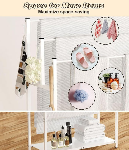Mondazie 44” Tall Free Standing Towel Racks with 6 Hooks for Bathroom, 3 Tiers Oversized Pool Bath Towels Drying Stand, Metal Blanket Ladder Holder with Storage Shelf for Bedroom Living Room, White