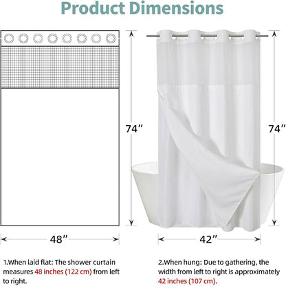 White No Hook Waffle Weave Shower Curtain with snap-in Liner Replacement, 230GSM Waterproof Fabric Hotel Shower Curtain Set for Bathroom, Through Mesh Top Window,48Wx74H
