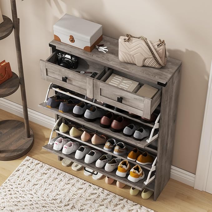 Shoe Cabinet with 2 Flip Drawers & 2 Drawers,Farmhouse Shoe Storage Cabinet for Entryway,Slim Freestanding Narrow Organizer Rack for Front Door Entrance,Grey
