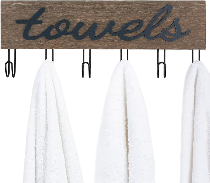 Mkono Towel Holder Wall Mounted Towel Rack Bathroom Decor Rustic Wood Towel Hooks to Hang Towels Bathroom Robe Coat Clothing, Bath Towel Hanger Storage Home Decor Organizer, Medium