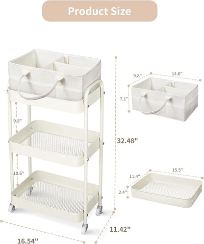 Fortella Baby Diaper Caddy, 3 Tier Rolling Storage Cart for Baby Essentials, Diaper Cart with Detachable Dividers, Storage Organizer & Baby Bottle Organizer for Bedroom, Living Room (Beige)