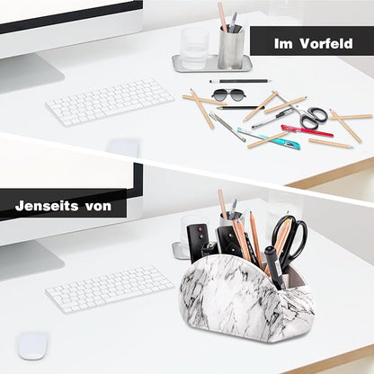 Remote Control Holders Organizer Box with 5 Compartment PU Leather Multi-functional Office Desk Storage Caddy Store Tv Remote for Media Player,Brush,Pencil,Glassees&Office Supplies (Marble)
