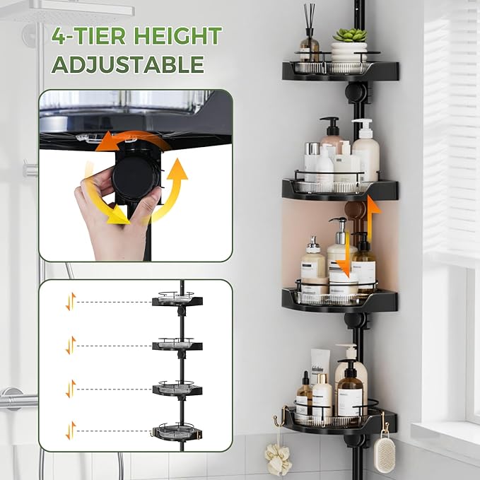 360° Rotating Shower Caddy Tension Pole, 4-Tier Corner Shower Organizer with Adjustable Shelves & Hooks, Rustproof Metal Pole, No Drilling Bathroom Storage Rack for Bathtub, 34-124”(Black)