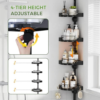 360° Rotating Shower Caddy Tension Pole, 4-Tier Corner Shower Organizer with Adjustable Shelves & Hooks, Rustproof Metal Pole, No Drilling Bathroom Storage Rack for Bathtub, 34-124”(Black)