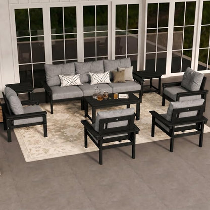 HDPE Outdoor Patio Furniture Set, 10-Piece Patio Conversation Set with 3-Seat Sofa, 4 Armchairs, 2 Side Tables & 1 Coffee Table, All-Weather Outdoor Sofa Set for Deck, Porch (Black Frame)