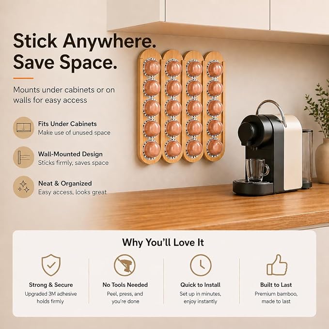 Bamboo Coffee Pod Holder, Adhesive Wall Mount (No Drilling) for Inside Cabinet Door, 20-Capsule Storage (Set of 4), Vertical & Horizontal, Compatible with Nespresso Vertuo Line-Bamboo Brown