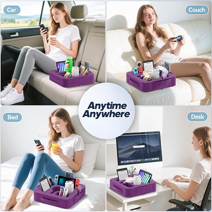 Couch Cup Holder Pillow, Sofa and Bed Caddy for iPad, Kindle, Switch, Game Controller, Remotes, Phones, Small-Sized Cup and Drink Holder for Couch, Bed, Desk, Car, Beach, Bathroom Cup Holder, Purple