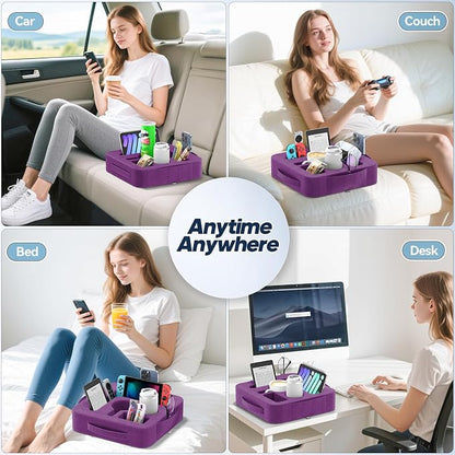 Couch Cup Holder Pillow, Sofa and Bed Caddy for iPad, Kindle, Switch, Game Controller, Remotes, Phones, Small-Sized Cup and Drink Holder for Couch, Bed, Desk, Car, Beach, Bathroom Cup Holder, Purple