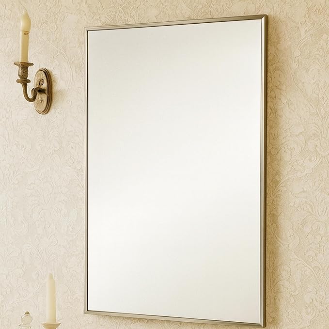 TEHOME 17.5'' x 29'' Brushed Nickel Recessed and Surface Mount Bathroom Medicine Cabinet with Mirror Square Cornered Metal Framed Rounded Rectangle Medicine Cabinet Mirror