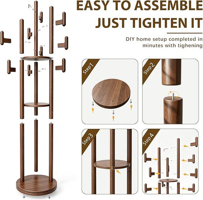 Rotary Coat Rack Freestanding - Solid Wood Coat Tree with 9 hooks & 3 Storage Shelves for Purse, Bag, Jacket, Hat, Corner Hanger Stand Racks for Hall, Entryway, Office, Modern Clothes Holder