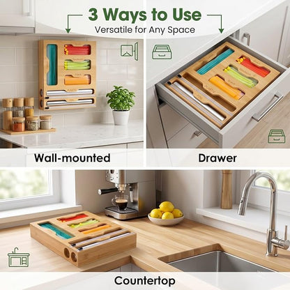 FUSHITON 6 in 1 Bamboo Food Storage Bag Organizer, Plastic Wrap Dispenser with Cutter, Foil Wax Paper Organizer for Kitchen Drawer, Wall Mount Countertop, Fits Gallon, Quart, Sandwich, Snack Bags