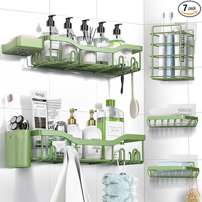 NESOMI Shower Caddy Adhesive Shower Organizer 7-Pack, Rustproof Stainless Steel Bathroom Shelves, Large Capacity No-Drill Rack Storage Accessories with Soap Dish Toothbrush Holder Hooks