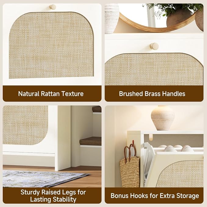 Nicetree Freestanding Ultra Slim Arched Rattan Accent Shoe Storage Cabinet for Entryway - 4 Flip Drawers & 3-Tier Adjustable Shelves, Farmhouse Modern Rustic Shoe Rack for Hallway Foyer,Cloud White